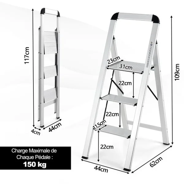 Marchepied Pliable 3 Marches en Aluminium Escabeau Portable avec Plateforme Large Marche Antidérapante Pieds en Caoutchouc Charge 150KG 62 x 44 x 109 cm