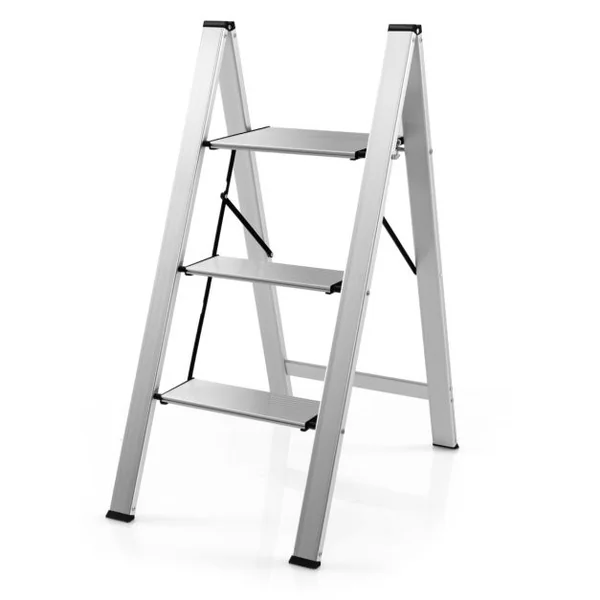 Marchepied Pliable 3 Marches en Aluminium Escabeau Portable avec Plateforme Large Marche Texture Antidérapante Charge 150kg pour Maison Bureau Argent