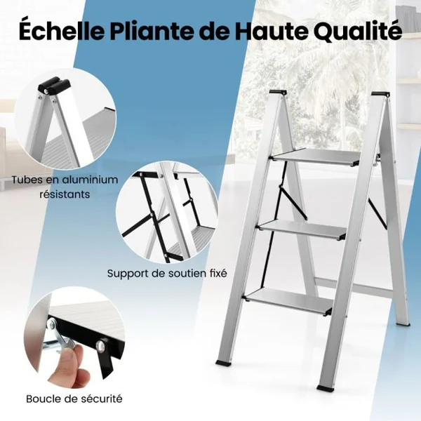 Marchepied Pliable 3 Marches en Aluminium Escabeau Portable avec Plateforme Large Marche Texture Antidérapante Charge 150kg pour Maison Bureau Argent