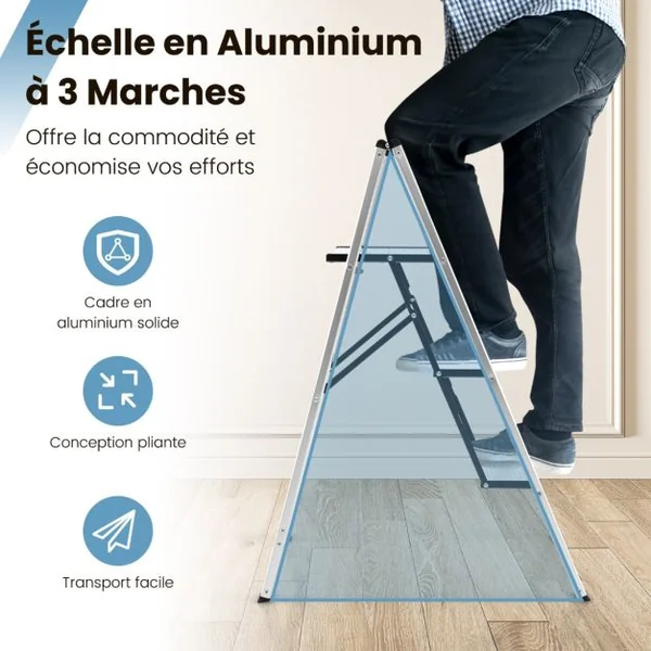 Marchepied Pliable 3 Marches en Aluminium Escabeau Portable avec Plateforme Large Marche Texture Antidérapante Charge 150kg pour Maison Bureau Argent