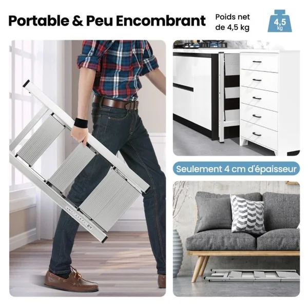 Marchepied Pliable 3 Marches en Aluminium Escabeau Portable avec Plateforme Large Marche Texture Antidérapante Charge 150kg pour Maison Bureau Argent