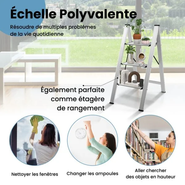Marchepied Pliable 3 Marches en Aluminium Escabeau Portable avec Plateforme Large Marche Texture Antidérapante Charge 150kg pour Maison Bureau Argent