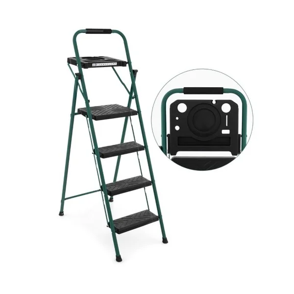Marchepied Pliable 4 Marches en Métal avec Plateau à Outils Escabeau avec Plateforme Large Marche Antidérapante Pieds en Caoutchouc Charge 150KG