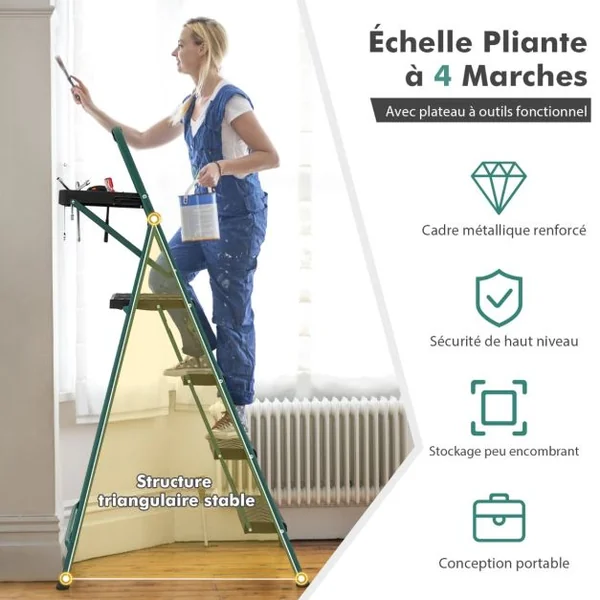 Marchepied Pliable 4 Marches en Métal avec Plateau à Outils Escabeau avec Plateforme Large Marche Antidérapante Pieds en Caoutchouc Charge 150KG