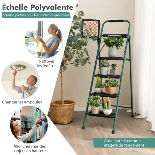 Marchepied Pliable 4 Marches en Métal avec Plateau à Outils Escabeau avec Plateforme Large Marche Antidérapante Pieds en Caoutchouc Charge 150KG