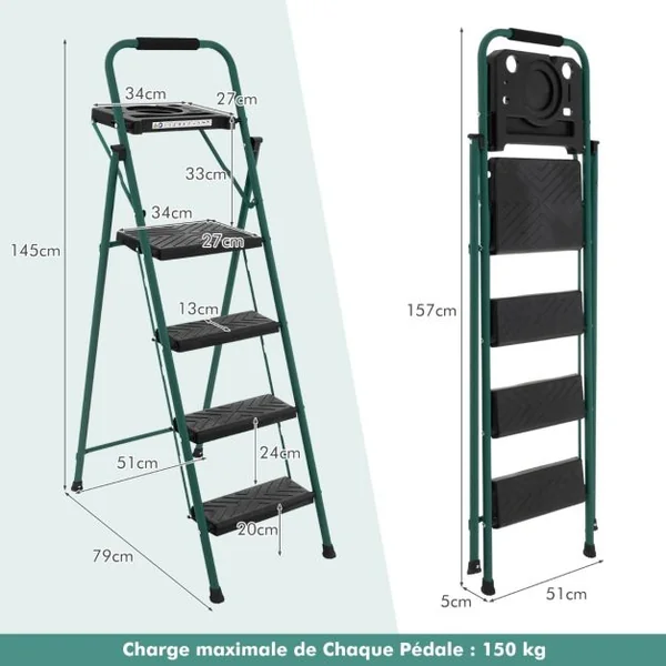 Marchepied Pliable 4 Marches en Métal avec Plateau à Outils Escabeau avec Plateforme Large Marche Antidérapante Pieds en Caoutchouc Charge 150KG