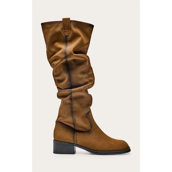 Marron Bottes Hautes Plissées À Talon Bas En Synthétique