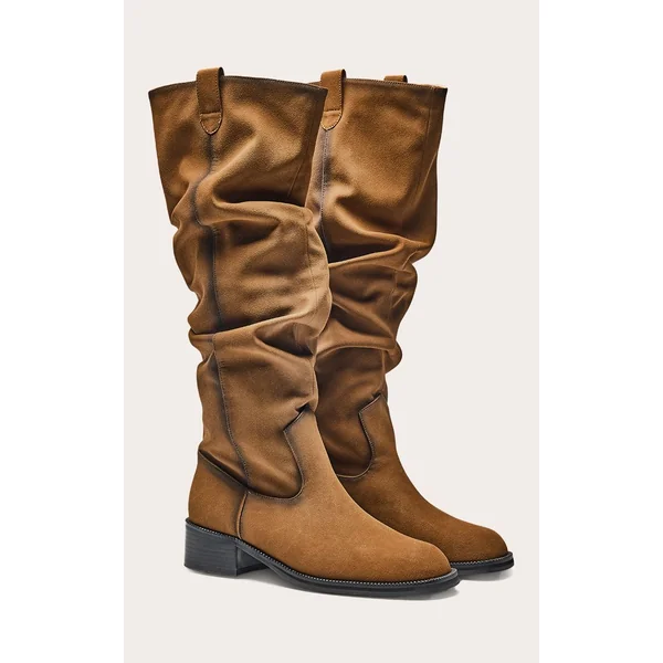 Marron Bottes Hautes Plissées À Talon Bas En Synthétique