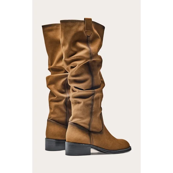 Marron Bottes Hautes Plissées À Talon Bas En Synthétique