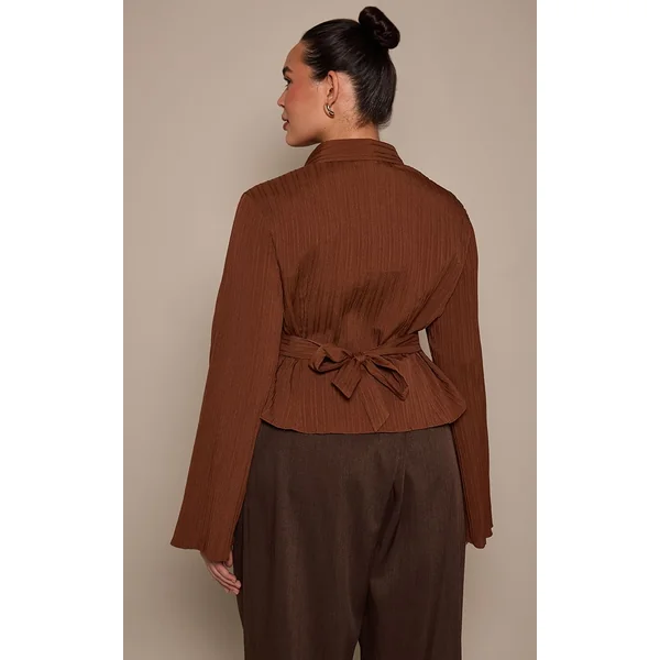 Marron Chemise Grande Taille En Satin Texturé Avec Nœud Au Dos
