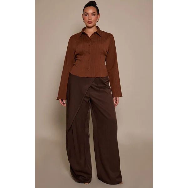 Marron Chemise Grande Taille En Satin Texturé Avec Nœud Au Dos