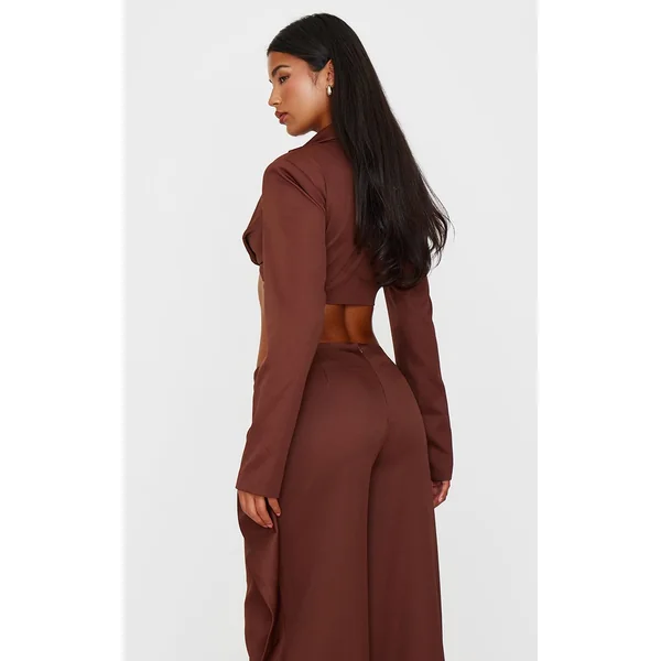 Marron Choco Blazer Court À Manches Longues Avec Détail Torsadé Coordonné