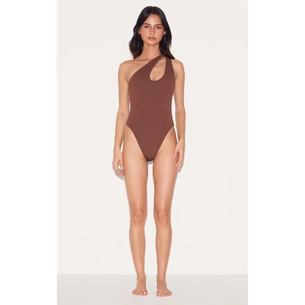 Marron Choco Maillot De Bain Une Épaule À Découpe Marron Chocolat Froissé