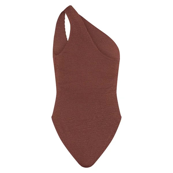 Marron Choco Maillot De Bain Une Épaule À Découpe Marron Chocolat Froissé