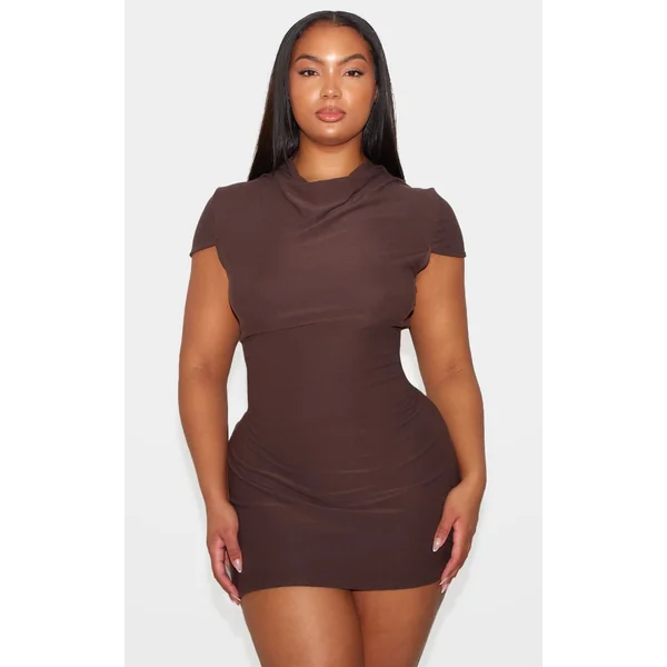 Marron Choco Robe Moulante Col Montant Drapé Toucher Doux