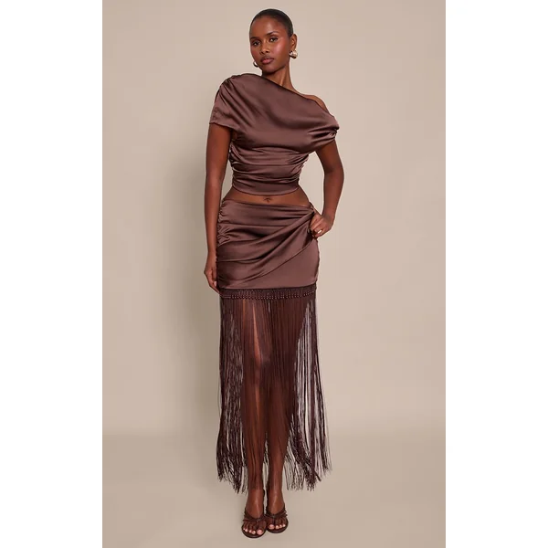 Marron Chocolat Ensemble Jupe Mini À Ourlet À Franges Perlées En Satin