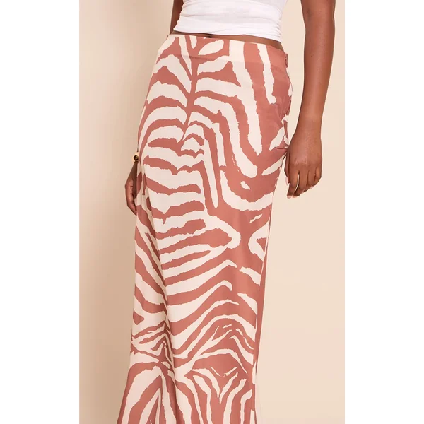 Marron Chocolat Jupe Longue En Mousseline Imprimé Zèbre