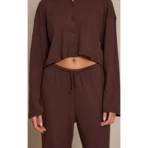 Marron Chocolat Pantalon Large À Cordon En Maille Côtelée Brossée Ensemble Coordonné