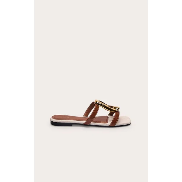 Marron Clair Sandales Mules En Synthétiquecuir Avec Détail Argenté