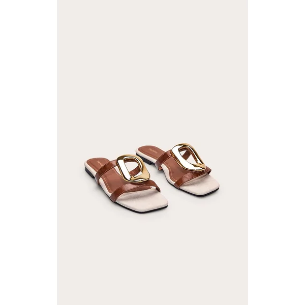 Marron Clair Sandales Mules En Synthétiquecuir Avec Détail Argenté