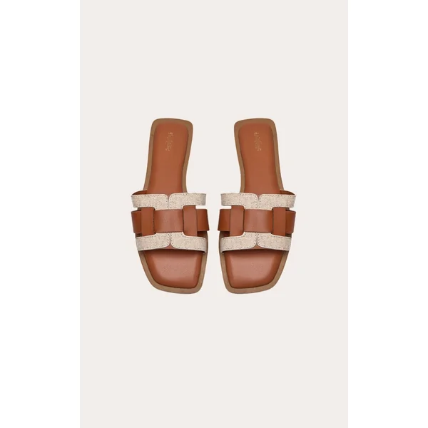 Marron Clair Sandales Mules Plates À Brides Multiples En Synthétiquecuir Et Lin