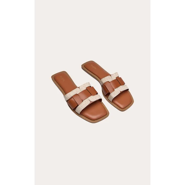 Marron Clair Sandales Mules Plates À Brides Multiples En Synthétiquecuir Et Lin