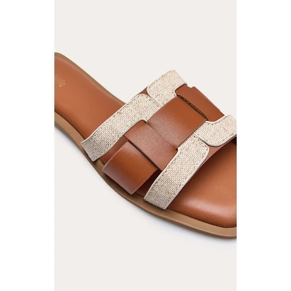 Marron Clair Sandales Mules Plates À Brides Multiples En Synthétiquecuir Et Lin