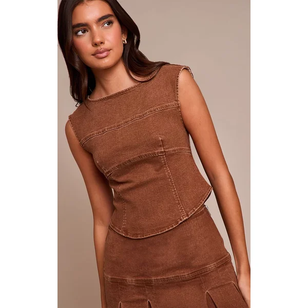 Marron Clair Top Corset En Denim À Encolure Bateau