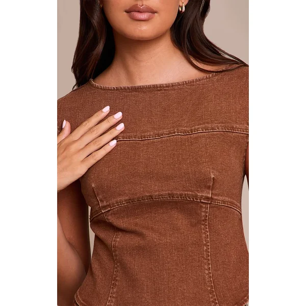 Marron Clair Top Corset En Denim À Encolure Bateau