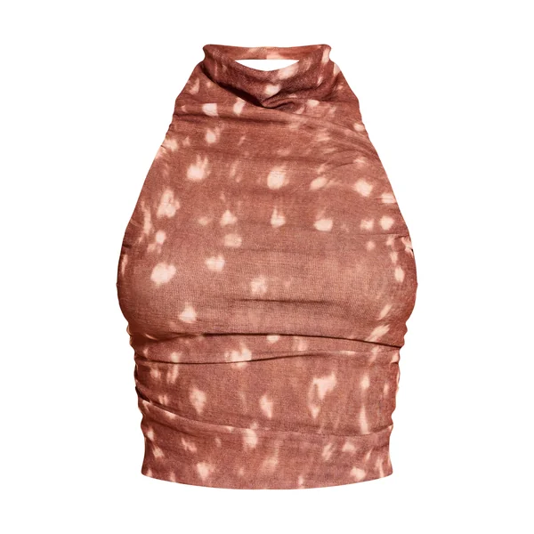Marron Clair Top Court Dos Nu Froncé En Tissu Pelure D'oignon