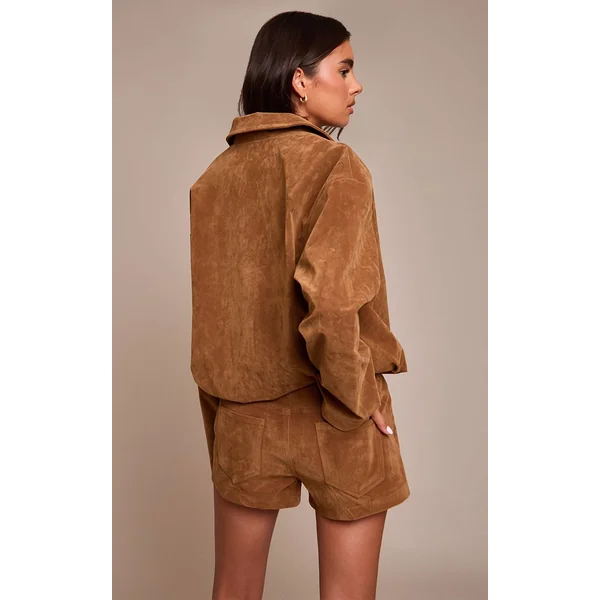 Marron Clair Veste Courte Plissée En Daim Avec Fermeture Éclair