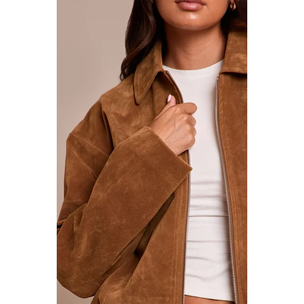 Marron Clair Veste Courte Plissée En Daim Avec Fermeture Éclair