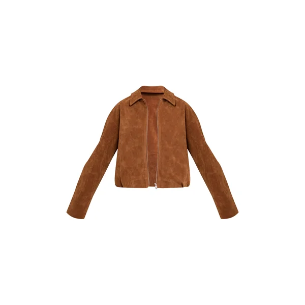 Marron Clair Veste Courte Plissée En Daim Avec Fermeture Éclair