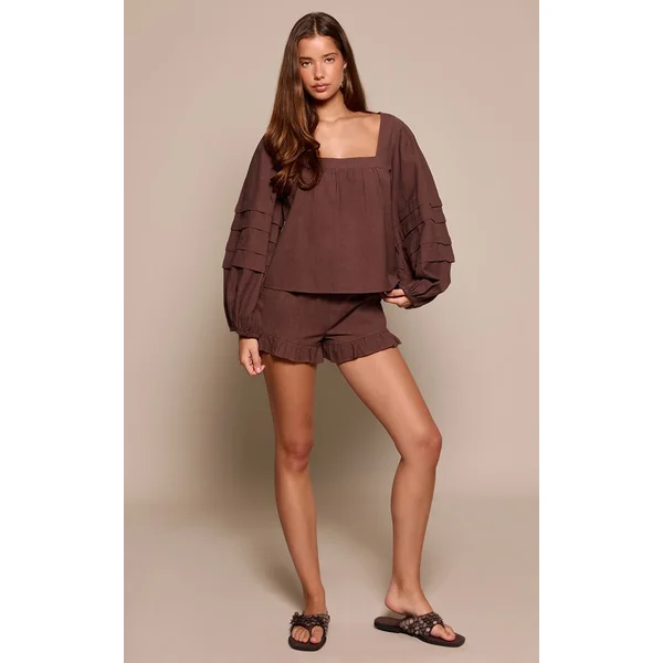 Marron Ensemble Coordonné Blouse En Coton À Manches Ballon