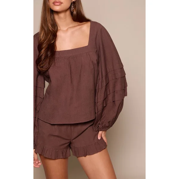 Marron Ensemble Coordonné Blouse En Coton À Manches Ballon