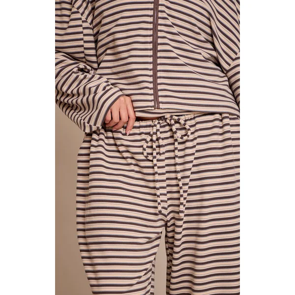 Marron Ensemble Coordonné Jogging Jambe Droite En Molleton Doux Rayé Grande Taille