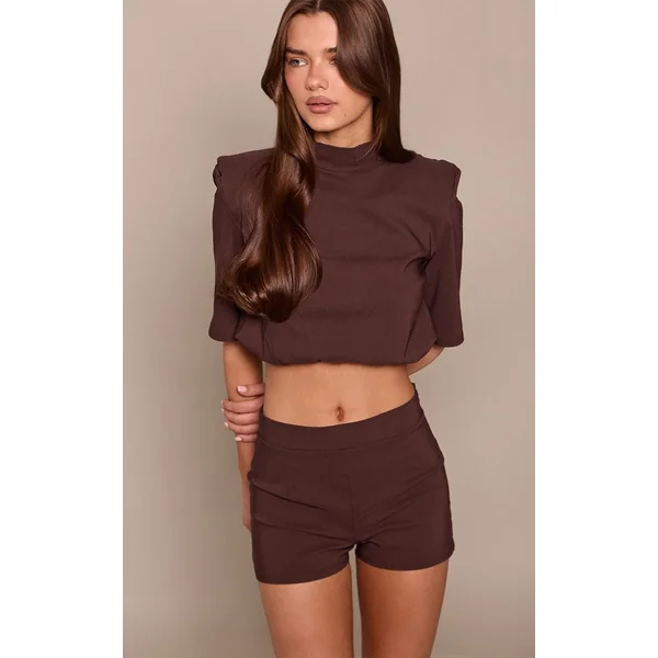 Marron Ensemble Coordonné Short Moulant En Tissu Extensible