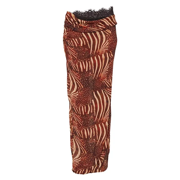 Marron Ensemble Jupe Longue Coordonnée En Mousseline Imprimé Abstrait Avec Détails En Dentelle