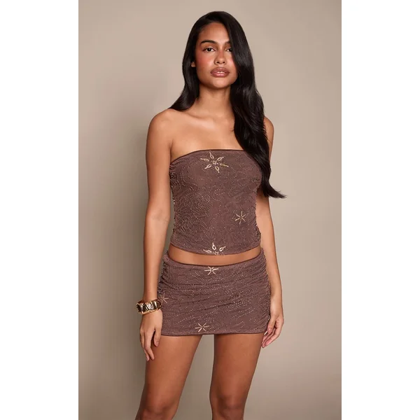 Marron Ensemble Jupe Mini En Mesh Perlée