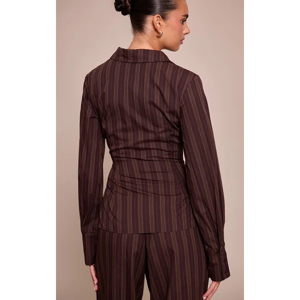 Marron Foncé Ensemble Coordonné Chemise Asymétrique Tissée À Fines Rayures