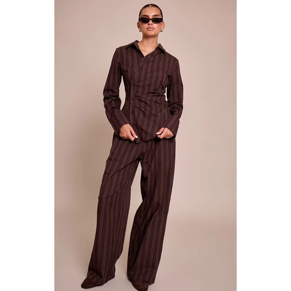 Marron Foncé Ensemble Coordonné Chemise Asymétrique Tissée À Fines Rayures
