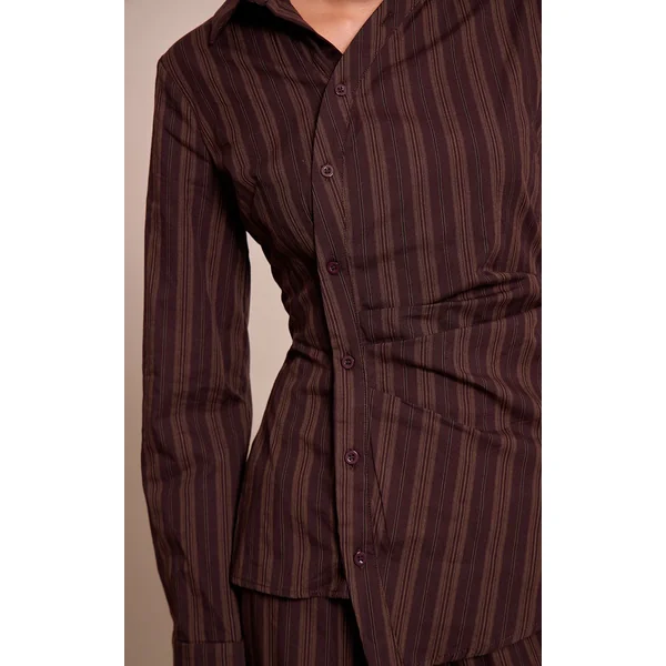 Marron Foncé Ensemble Coordonné Chemise Asymétrique Tissée À Fines Rayures