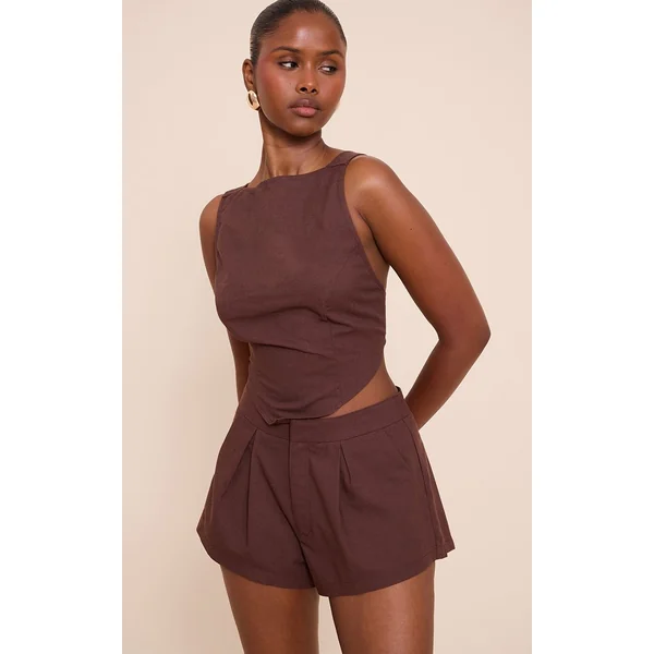 Marron Foncé Haut Tissé À Dos Ouvert Effet Lin