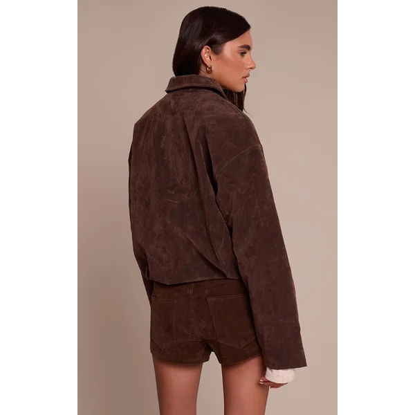 Marron Foncé Veste Courte Plissée En Daim Avec Fermeture Éclair