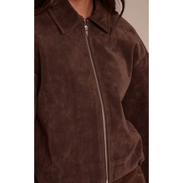 Marron Foncé Veste Courte Plissée En Daim Avec Fermeture Éclair