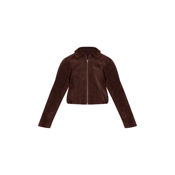 Marron Foncé Veste Courte Plissée En Daim Avec Fermeture Éclair