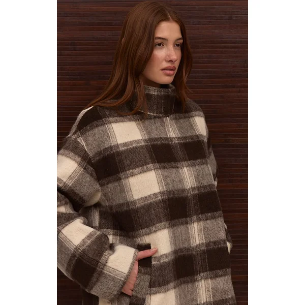 Marron Manteau Long En Laine À Carreaux Avec Col Montant