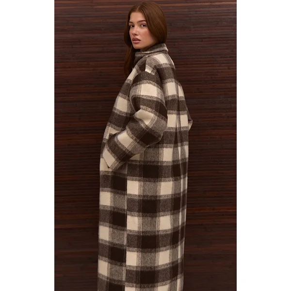 Marron Manteau Long En Laine À Carreaux Avec Col Montant