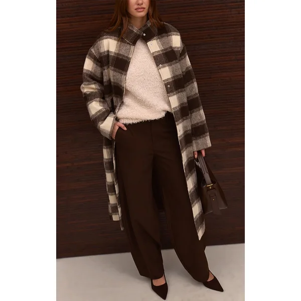 Marron Manteau Long En Laine À Carreaux Avec Col Montant