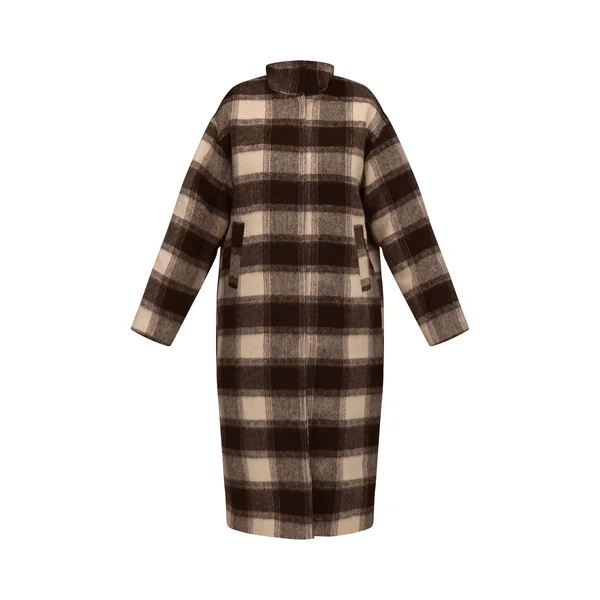 Marron Manteau Long En Laine À Carreaux Avec Col Montant
